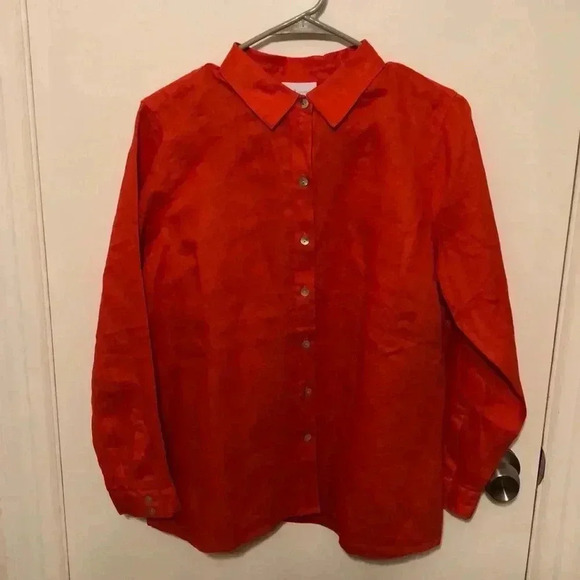 J Jill Love Linen orange button down shirt.  Petite size M - Picture 1 of 9